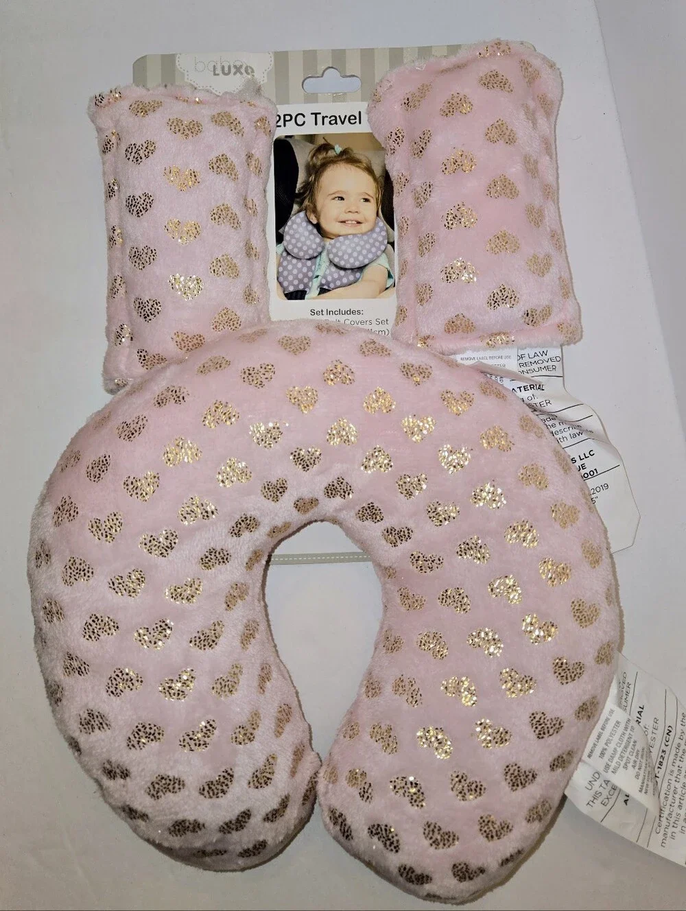 Babe Luxe Kids Pink Gold Heart U-Neck Pillow & Strap Covers NEW